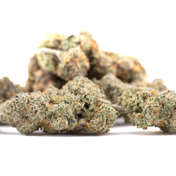 Premium Blueberry Kush pure indica buds with green orange hues and trichomes