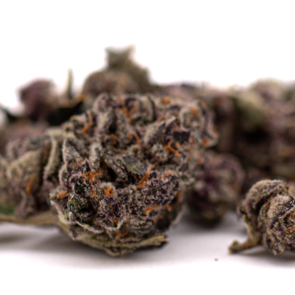 Purple cannabis buds with orange hairs highlighting Candy Mac Indoor THCA Flower Smalls