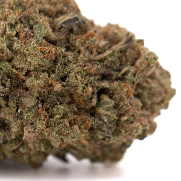 Green and brown Jokerz NOS THCa hemp flower bud with trichomes