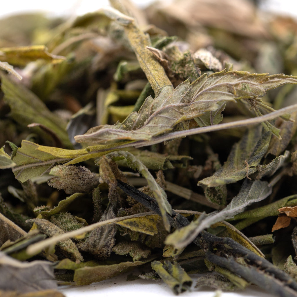 Dried mint leaves in white bowl from Zkittlez Cross hemp flower trim